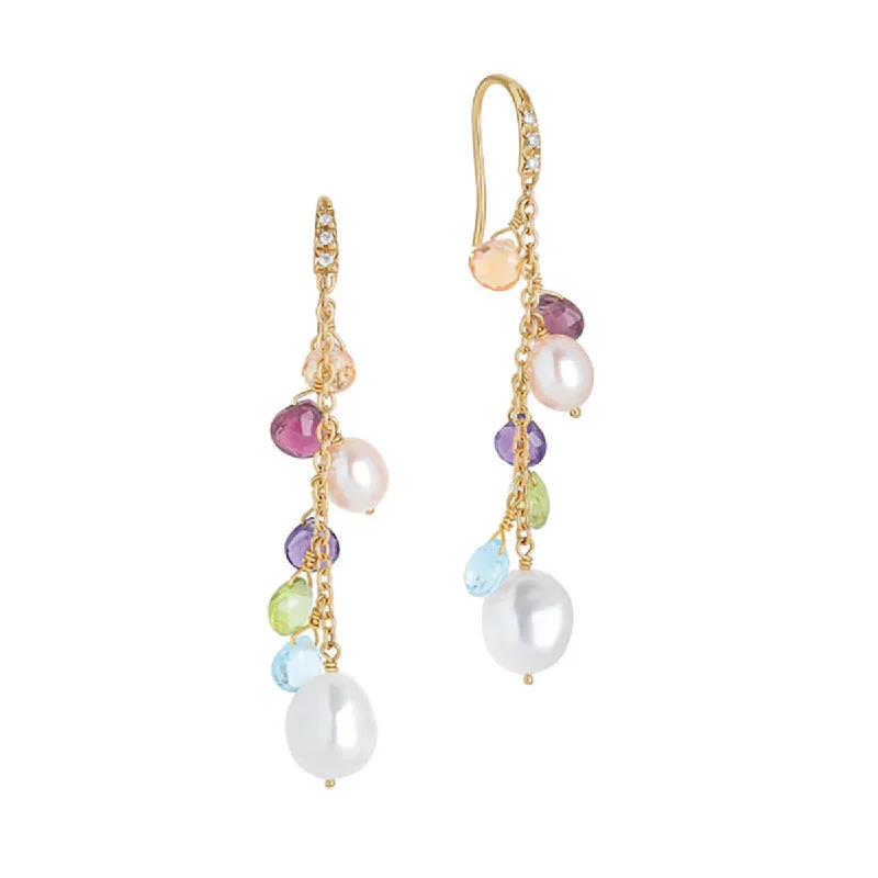 women's hoop earrings-18K Yellow Gold Mixed Gemstone and Pearl Medium Drop Earrings