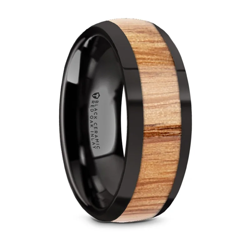 women's square diamond engagement rings-Thorsten Ambrose Black Ceramic Polished Edges Domed Wedding Band w/ Red Oak Wood Inlay (8mm) W5971-BCRO