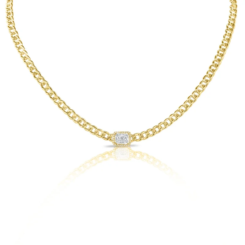 women's gold necklaces-14K Yellow Gold Diamond Center & Curb Link Collar/Choker Necklace