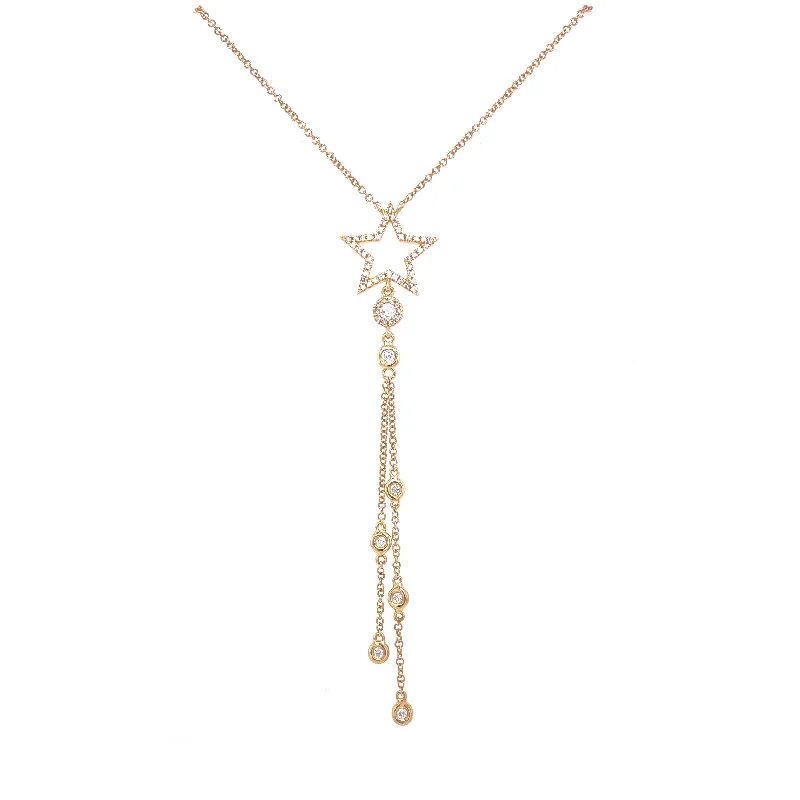 women's necklace and earring sets-14K Yellow Gold Diamond Star Double Drop Necklace