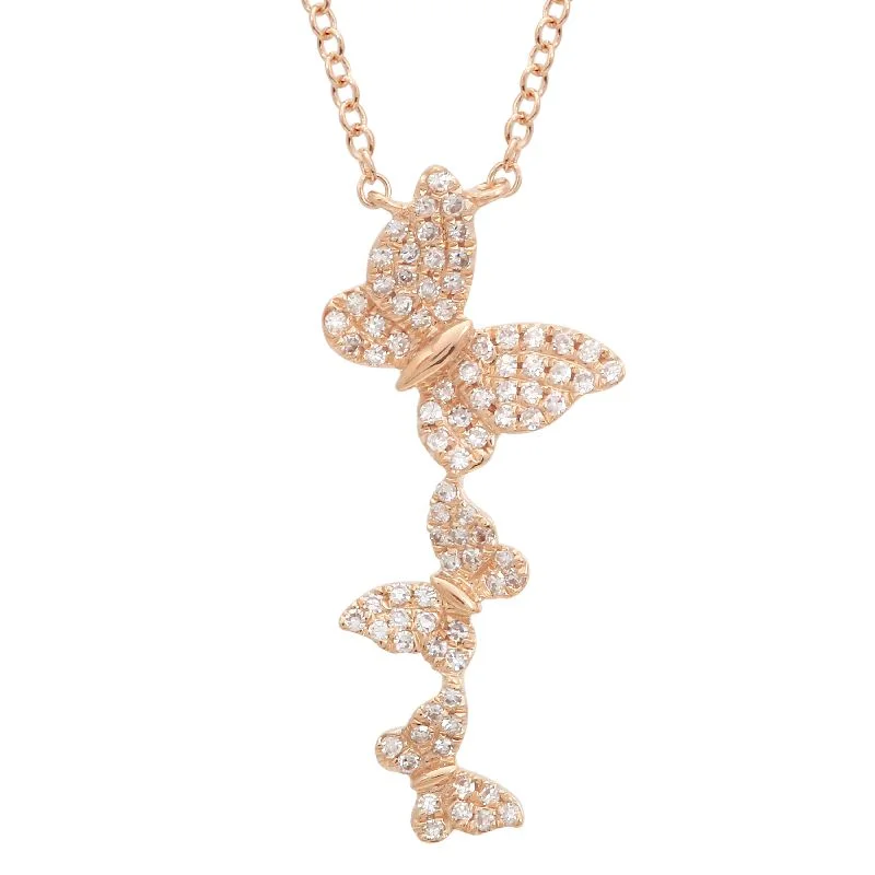 women's beaded necklaces-14K Rose Gold Diamond Triple Butterfly Necklace