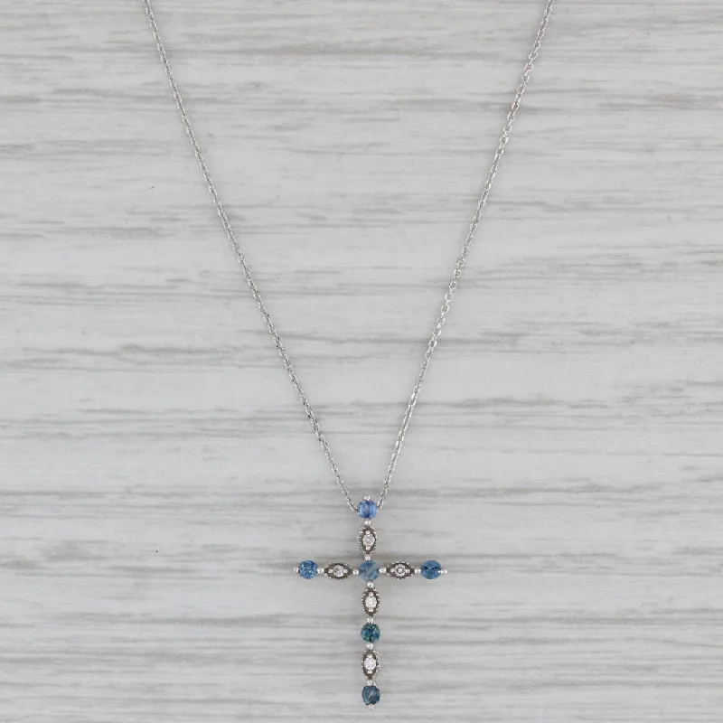 women's infinity heart necklaces-New 0.17ctw Blue Sapphire Diamond Cross Pendant Necklace 14k White Gold 18"