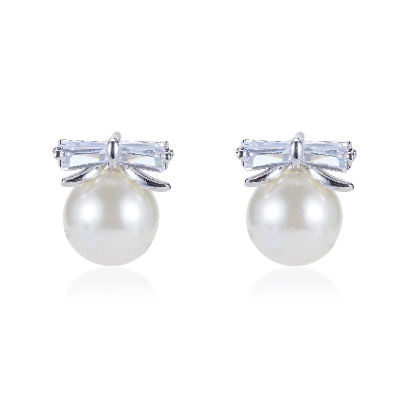 women's layered earrings-Pelia CZ Bow Knot Pearl Stud Earrings