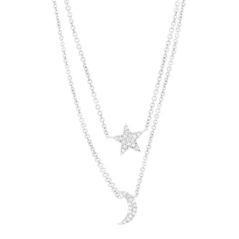 women's butterfly pendant necklaces-14K White Gold Diamond Moon & Star Double Necklace