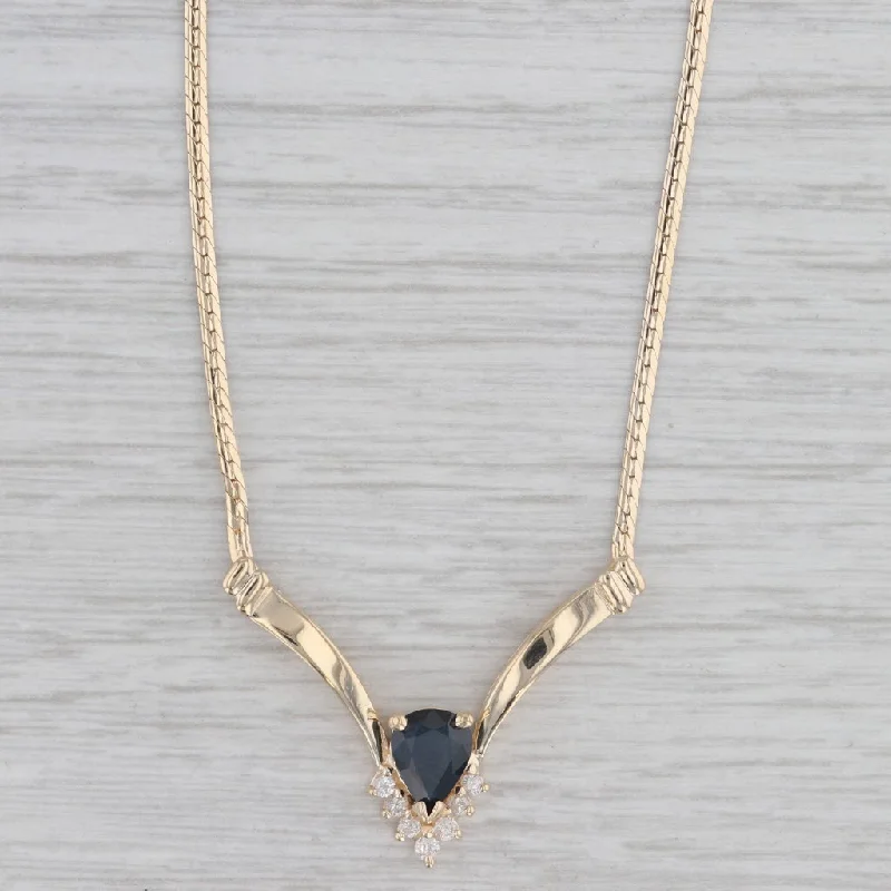 women's turquoise necklaces-1.18ctw Blue Sapphire Diamond V Necklace 14k Yellow Gold 17" Herringbone Chain