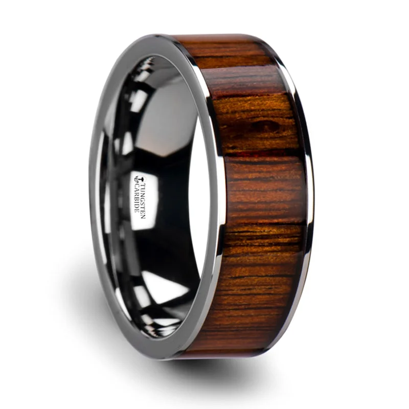 women's platinum engagement rings-Thorsten Kalani Flat Tungsten Carbide Wedding Band w/ Rare Koa Wood Inlay & Polished Edges (6-10mm) W3753-TCKW