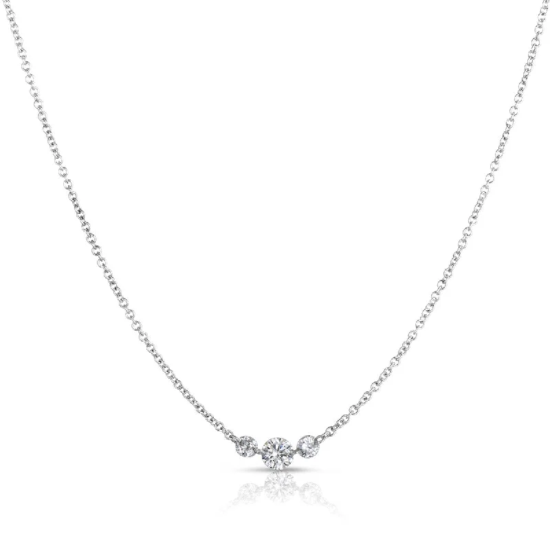 women's flower necklaces-14K White Gold Drilled Diamond Three Stone Necklace