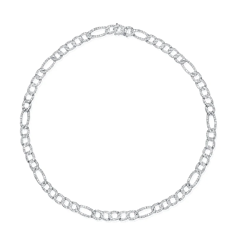 women's double chain necklaces-14K White Gold Diamond Figaro Link Necklace