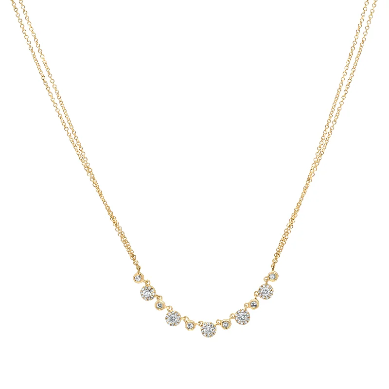 women's stackable necklaces-14K Yellow Gold Alternating Diamond Halo Necklace with Double Chain