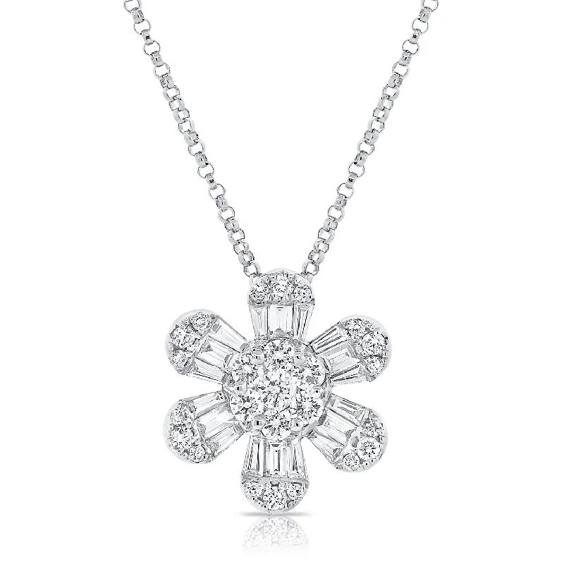 women's diamond pendant necklaces-14k White Diamond Baguette Flower Large Pendant Necklace