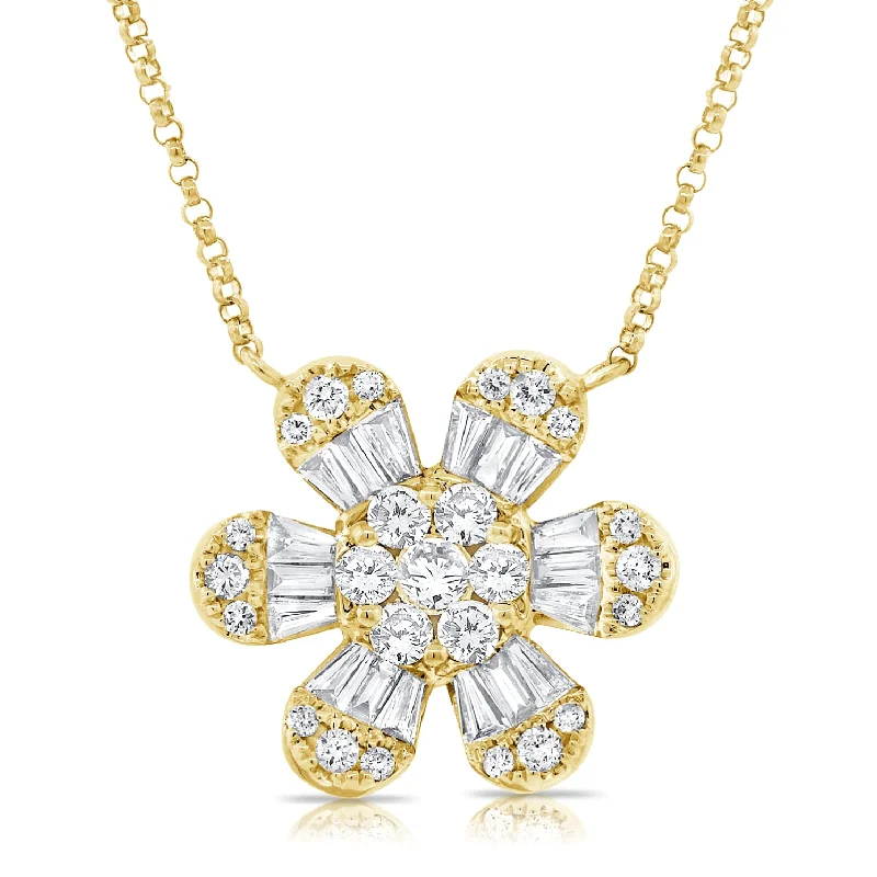 women's silver necklaces-14K Yellow Gold Baguette Diamond Large Flower Necklace