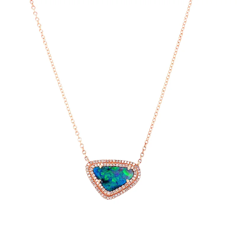 women's pearl and diamond necklaces-14K Rose Gold Diamond + Boulder Opal Necklace