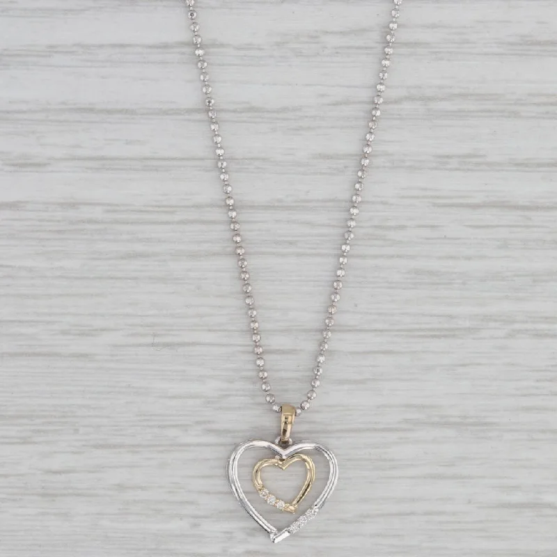 women's diamond necklace sets-Diamond Accented Double Heart Pendant Necklace 14k White Gold Bead Chain