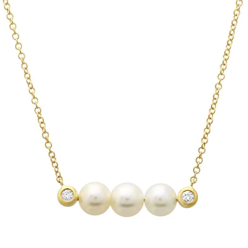 women's double-layer necklaces-14K Yellow Gold Diamond and Pearl Bar Necklace