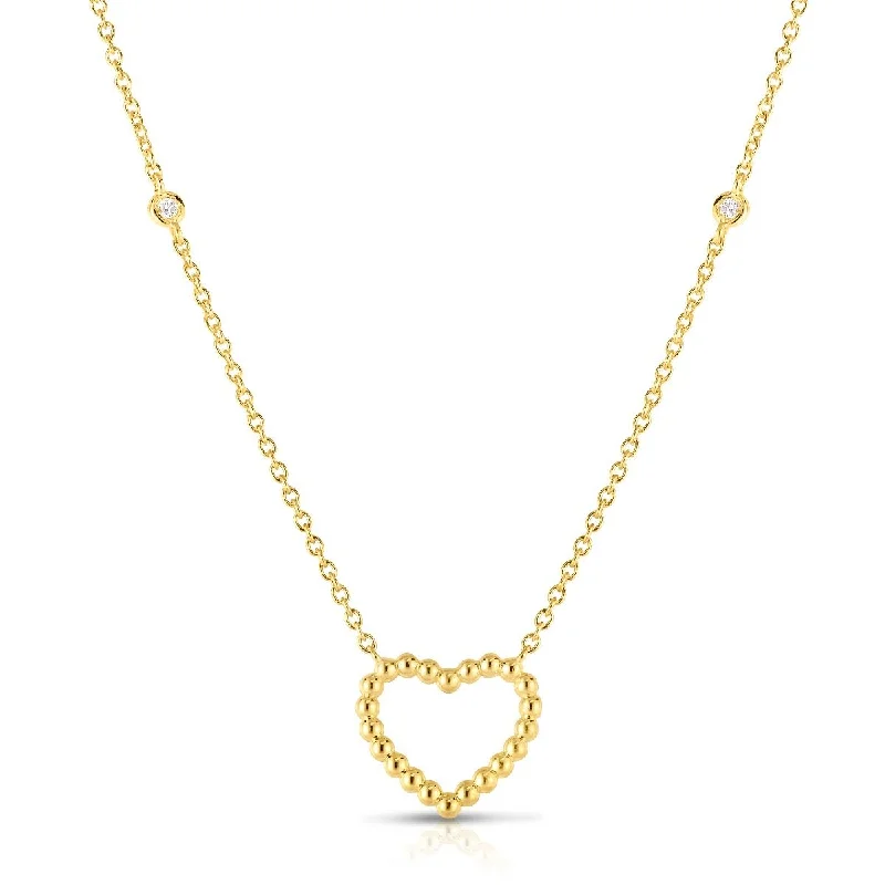 women's chakra necklaces-14K Yellow Gold Beaded Heart Diamonds by the Yard Necklace