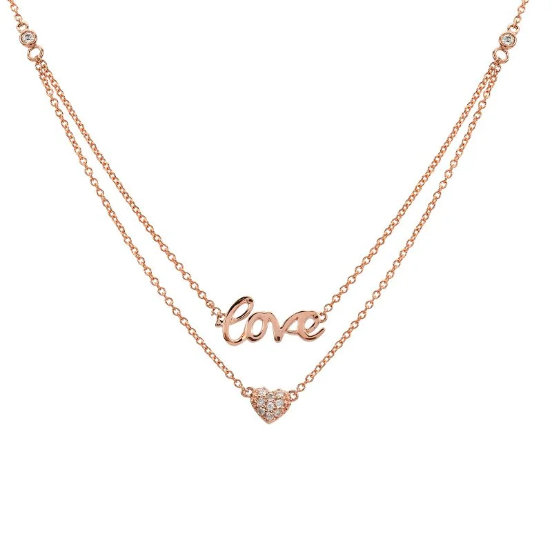 women's celestial necklaces-14K Rose Gold Layered Diamond Love + Heart Necklace