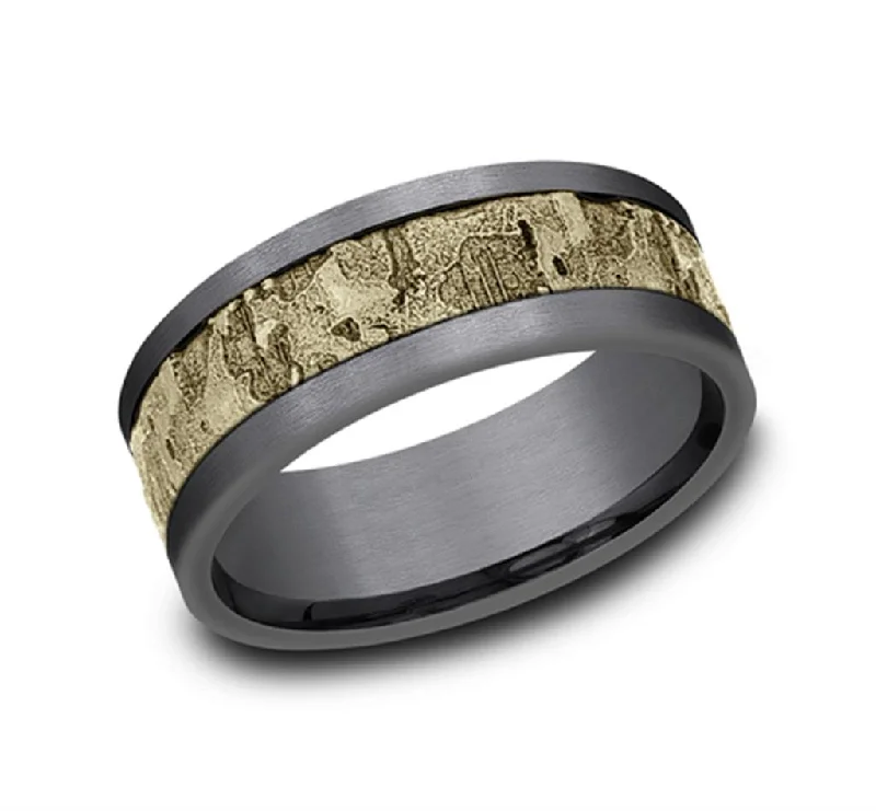 women's luxury engagement rings-Gray Tantalum And 14K Yellow Gold 'The Stud' 8Mm Wall Fracture Center And Grey Satin Edges Wedding Band