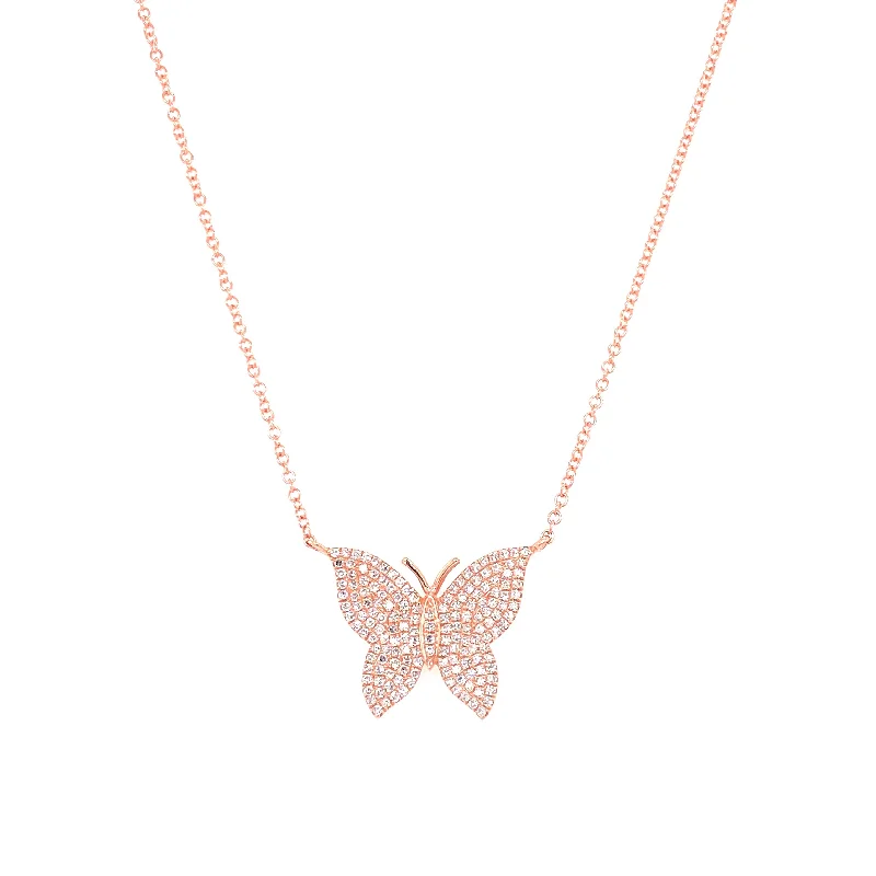 women's crystal necklaces-14K Rose Gold Diamond Large Butterfly Necklace