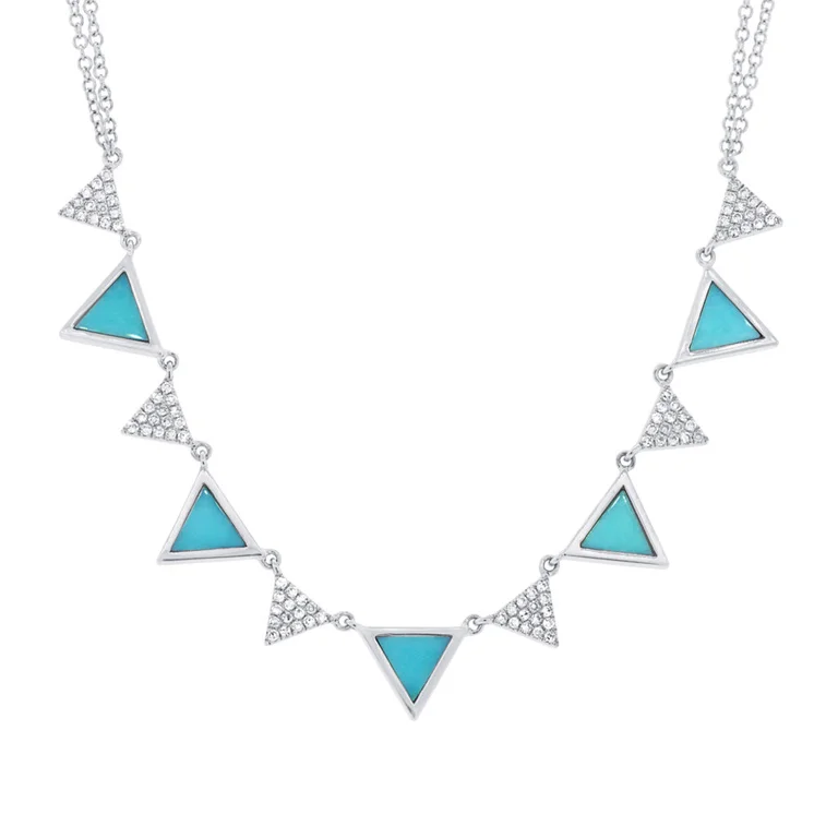 women's pendant and chain necklaces-14K White Gold Diamond and Composite Turquoise Triangle Necklace