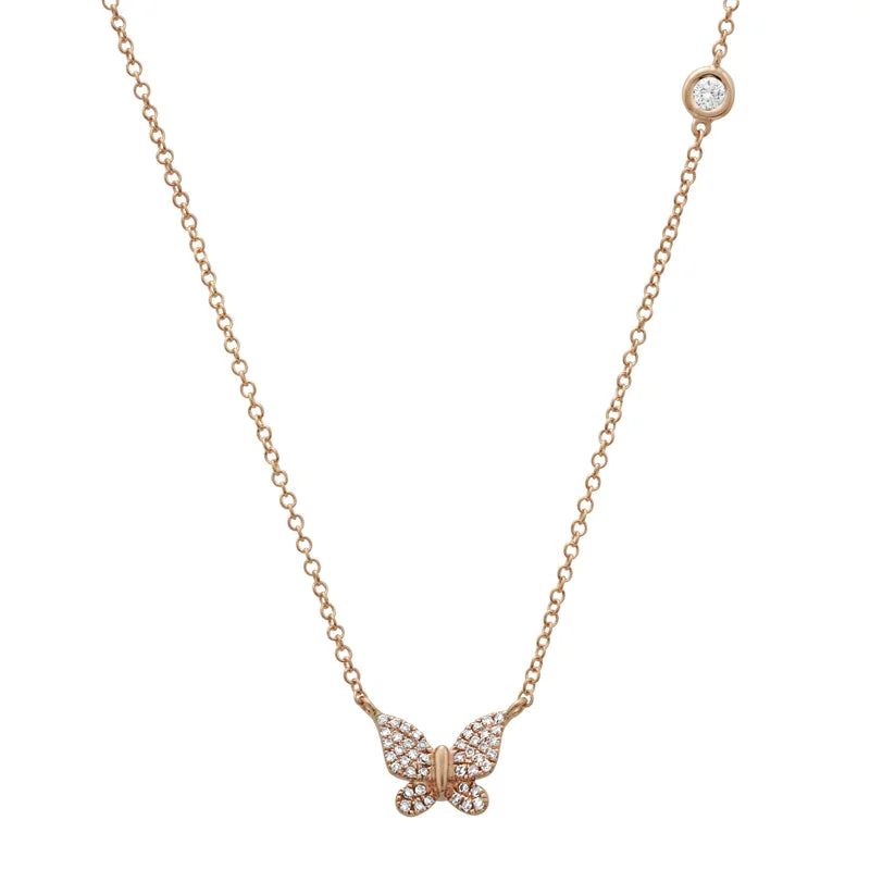 women's initial necklaces-14K Rose Gold Butterfly Necklace with Diamond Bezel Chain