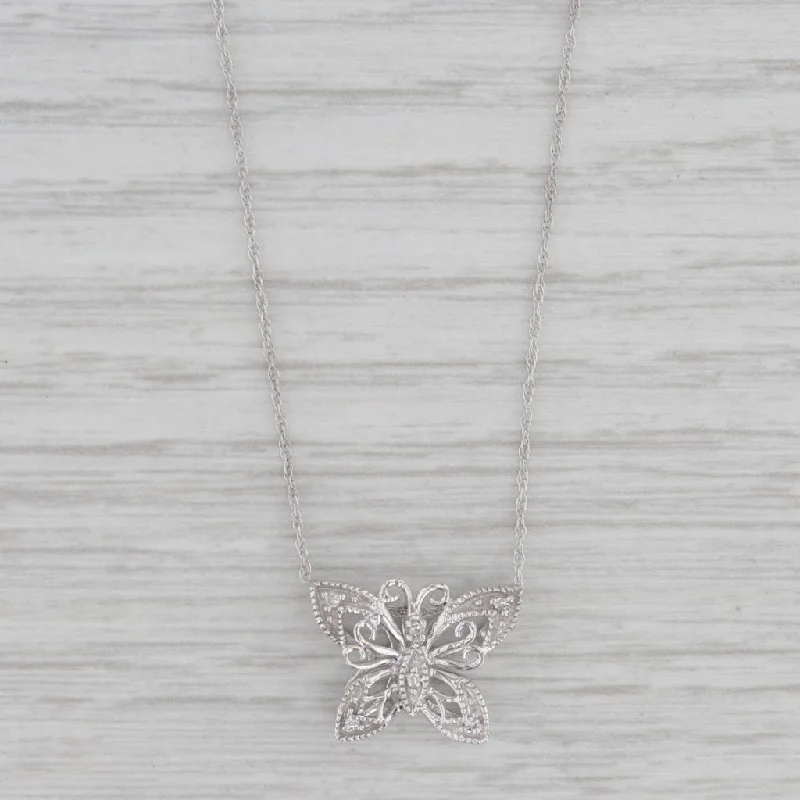 women's layered pearl necklaces-Diamond Accented Butterfly Pendant Necklace 10k White Gold 18" Rope Chain