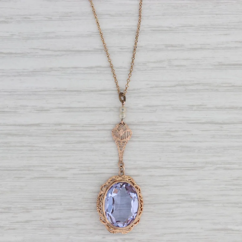 women's precious stone necklaces-Antique Purple Glass Lavalier Filigree Pendant Necklace 10k Gold 19" Chain