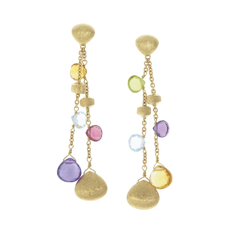 women's fashion gemstone earrings-18K Yellow Gold Mixed Gemstone Double Drop Earrings