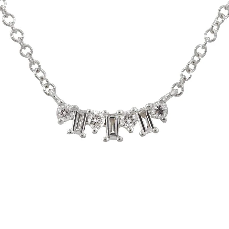 women's personalized name necklaces-14K White Gold Staggered Baguette and Round Diamond Necklace