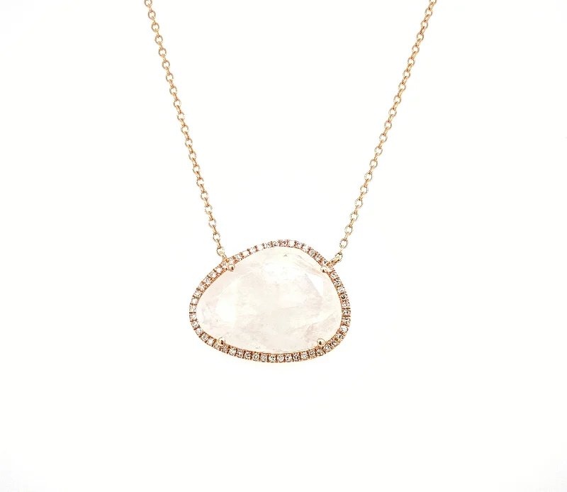 women's elegant necklaces-14K Rose Gold Round Diamond + Moonstone Freeform Necklace