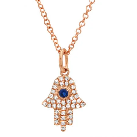 women's layered pearl necklaces-14K Rose Gold Diamond + Sapphire Hamsa/evil eye Necklace