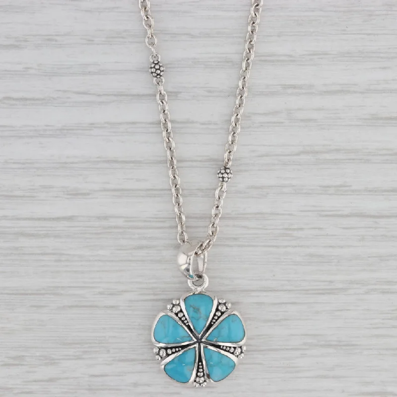 women's long necklaces-New Lagos Caviar Maya Turquoise Flower Pendant Necklace Sterling Silver 17.5"