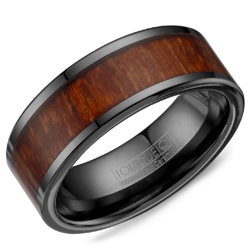 women's nature-inspired engagement rings-Torque Black Ceramic Collection 8MM Wedding Band with Wood Pattern BCE-0003