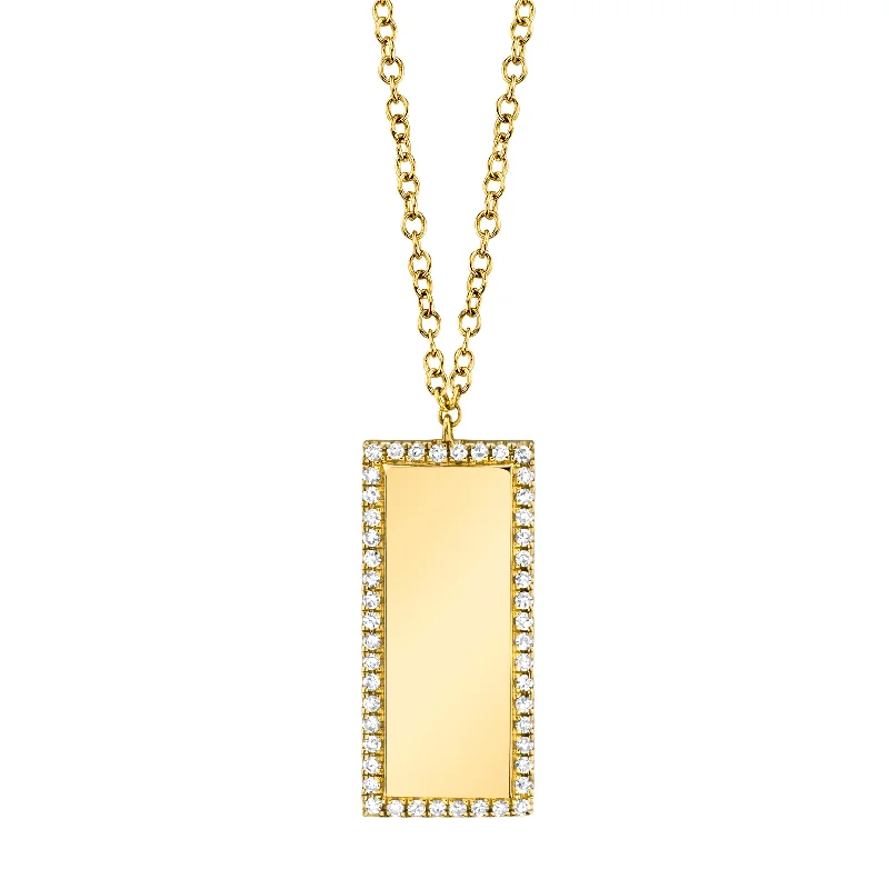 women's necklace and earring sets-14K Yellow Gold Diamond Border Rectangle Bar ID Necklace