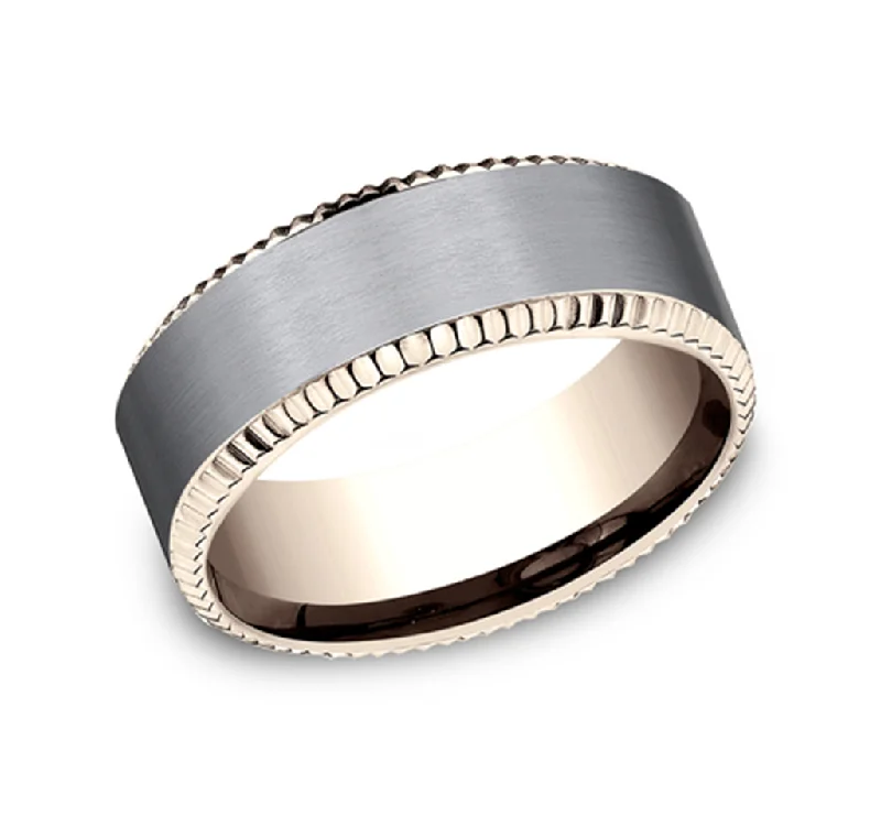 women's solitaire engagement rings-14k Rose Gold Coin Edge And Grey Tantalum Satin Finish Center 8mm Wedding Band