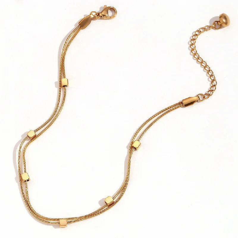 Cubic Bead Double Layer Snake Chain Bracelet 16 5-Gold