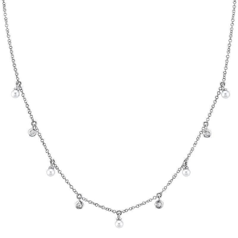 women's small pendant necklaces-14K White Gold Diamond & Cultured Pearl Dangle Necklace