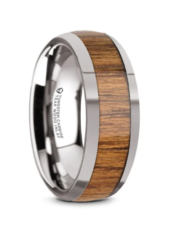 women's sapphire and diamond engagement rings-Tungsten Carbide ‘Thekka’ 8mm Teak Wood Inaid Domed Wedding Band