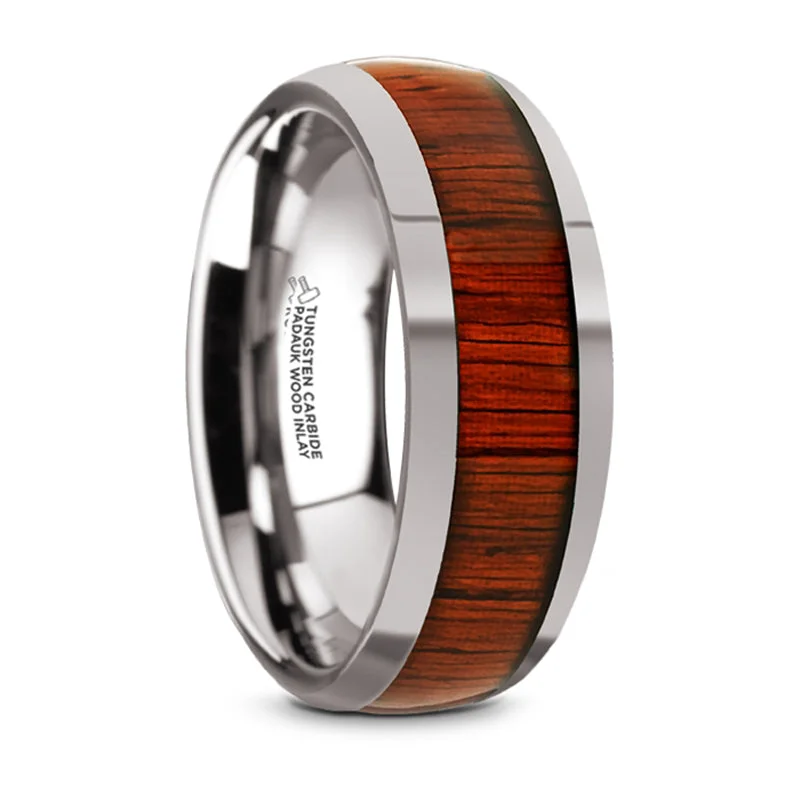 women's engraved gold engagement rings-Thorsten Mukwa Tungsten Carbide Polished Finish Domed Wedding Band w/ Padauk Wood Inlay (8mm) TC5955-DPW