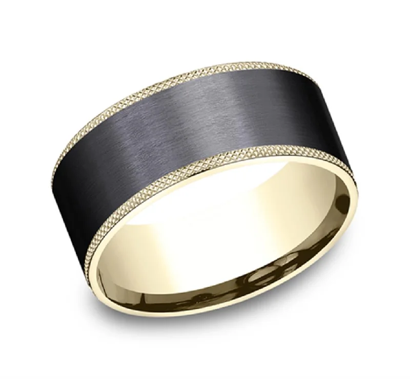 women's oval diamond engagement rings-Black Titanium And 14K Yellow Gold ‘The Rogue’ Satin Finish Knurl Edges 9mm Wedding Band