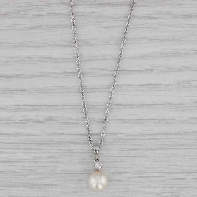 women's gemstone pendant necklaces-Cultured Pearl Diamond Pendant Necklace 14k White Gold 15.75" Rope Chain