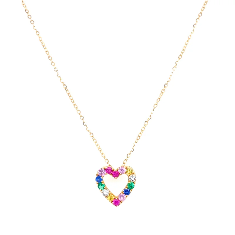 women's pendant necklaces-14K Yellow Gold Diamond Multi Gemstone Open Heart Necklace