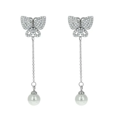 women's gold drop earrings-Rene CZ Butterfly Pearl Dangle Earrings