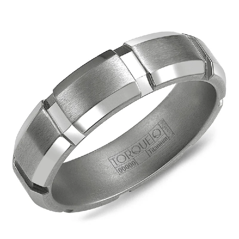 women's modern halo engagement rings-Torque Titanium Collection 6MM Wedding Band with Brushed Finish & Architechtural Detailing TI-0061-R10