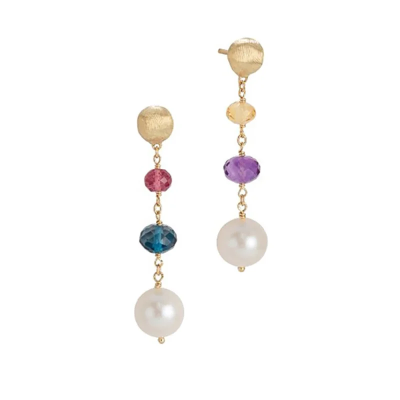 women's butterfly drop earrings-18K Yellow Gold Mixed Gemstone and Pearl Drop Earrings