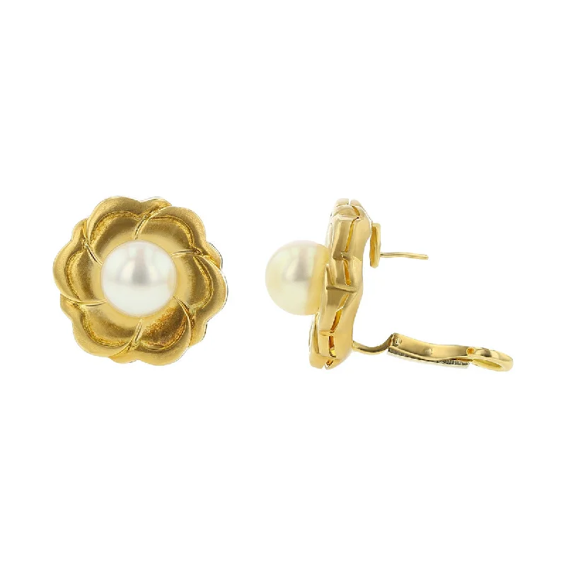 women's diamond earrings-18K Yellow Gold Akoya Pearl Flower Earrings