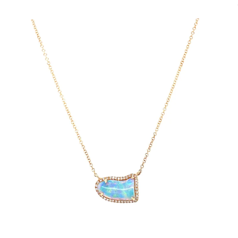 women's love necklaces-14K Yellow Gold Diamond + Opal Freeform Necklace