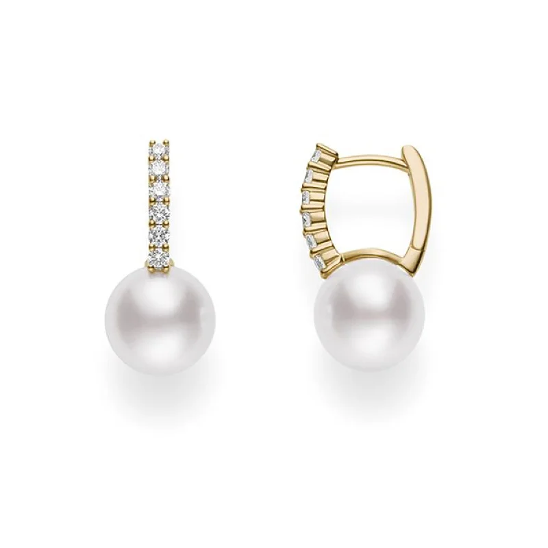 women's black diamond earrings-Akoya Cultured Pearl and Diamond Hoop Earrings