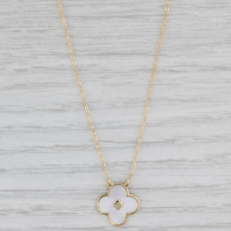 women's gold plated necklaces-Mother of Pearl Quartrefoil Clover Pendant Necklace 14k Yellow Gold 16"-18"