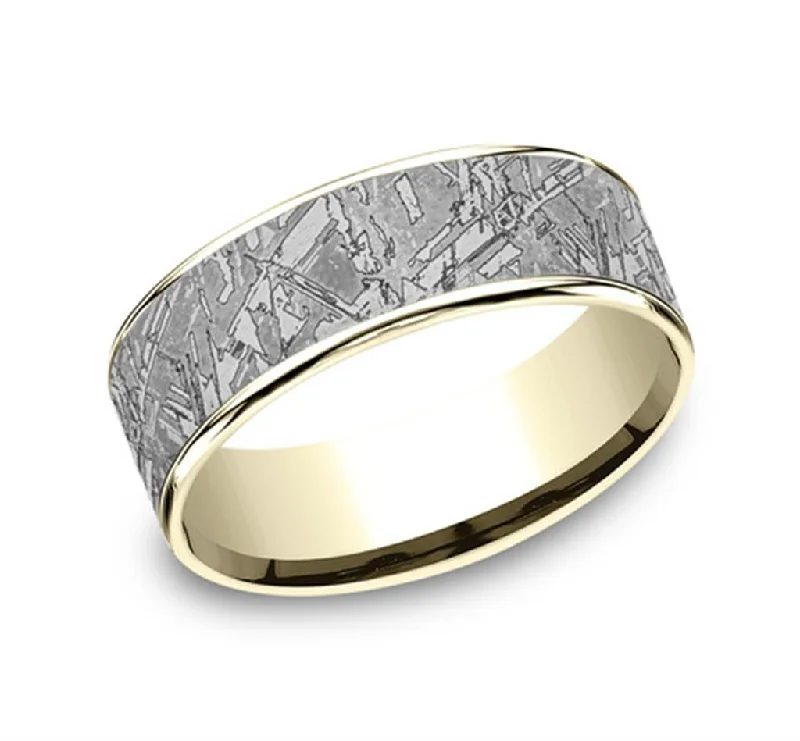 women's personalized engagement rings-Gray Tantalum And 14K Yellow Gold ‘The Gibeon’ Meteorite Patterned 7.5mm Wedding Band