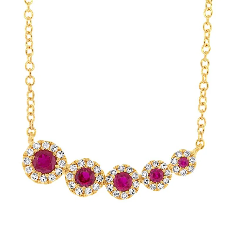 women's charm necklaces-14K Yellow Gold Diamond and Ruby Halo Necklace